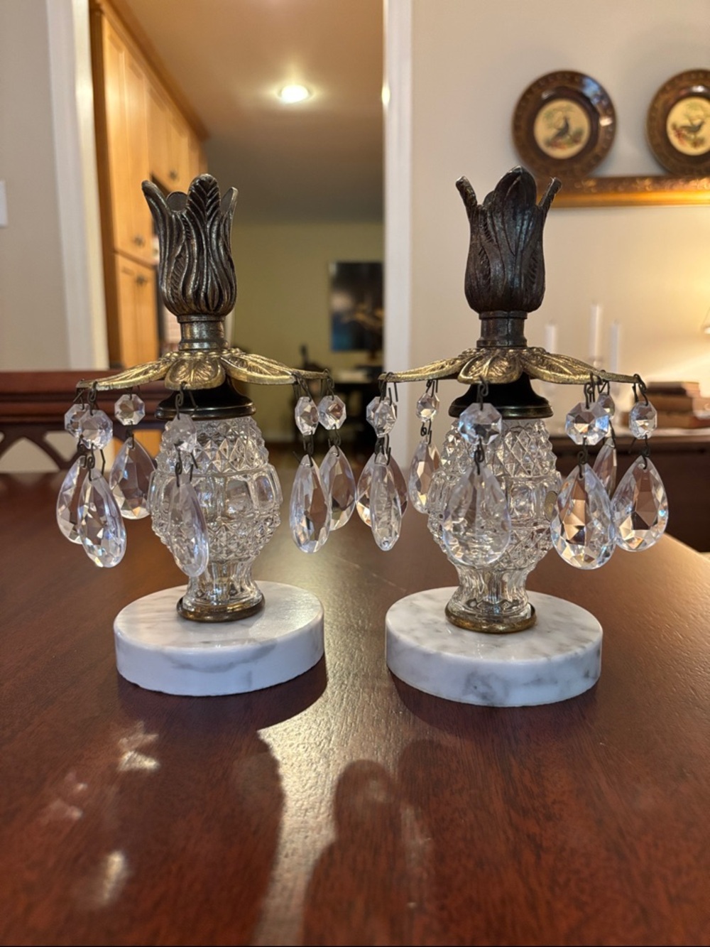 Vintage Hollywood Regency Crystal Brass Marble Candle Holder ITALIAN-PAIR - Picture 2 of 16